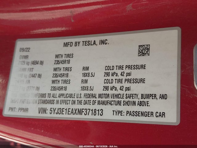 Auction sale of the 2022 Tesla Model 3 Rear-wheel Drive, vin: 5YJ3E1EAXNF371813, lot number: 45380344