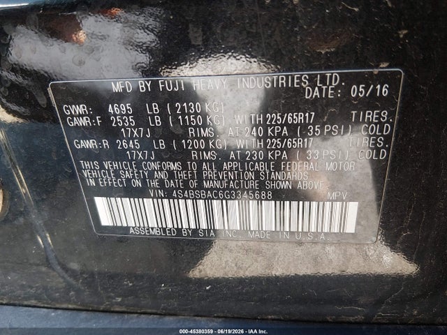 Продаж на аукціоні авто 2016 Subaru Outback 2.5i, vin: 4S4BSBAC6G3345688, номер лоту: 45380359