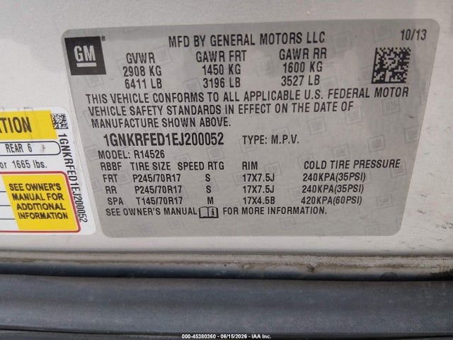 Продаж на аукціоні авто 2014 Chevrolet Traverse Ls, vin: 1GNKRFED1EJ200052, номер лоту: 45380360