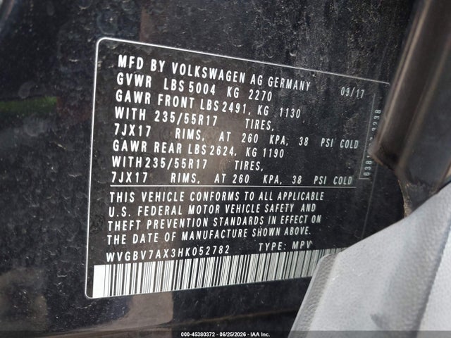 Aukcja sprzedaży 2017 Volkswagen Tiguan 2.0t/2.0t S, vin: WVGBV7AX3HK052782, numer aukcji: 45380372
