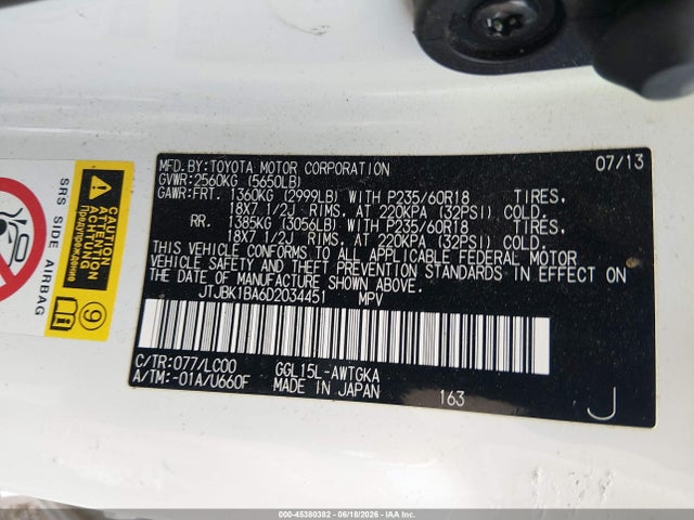 45380382 :رقم المزاد ، JTJBK1BA6D2034451 vin ، 2013 Lexus Rx 350 مزاد بيع