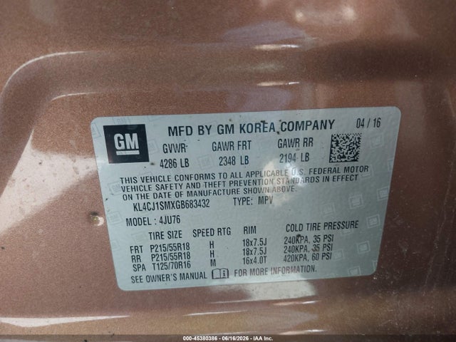 45380386 :رقم المزاد ، KL4CJ1SMXGB683432 vin ، 2016 Buick Encore Sport Touring مزاد بيع