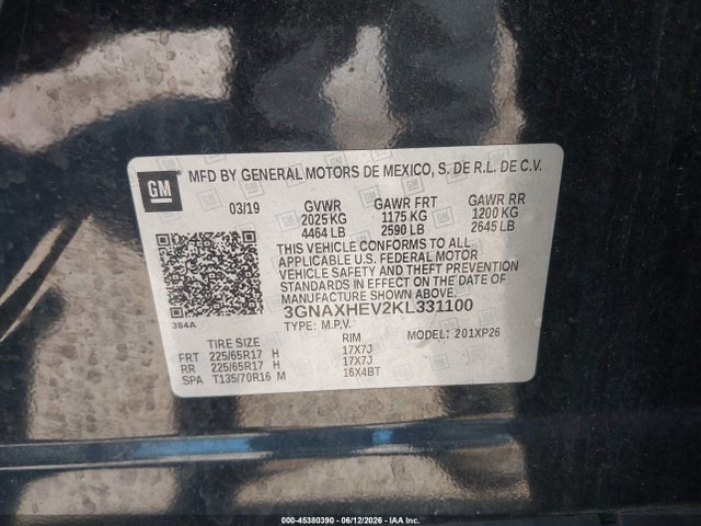 2019 Chevrolet Equinox Ls მანქანა იყიდება აუქციონზე, vin: 3GNAXHEV2KL331100, აუქციონის ნომერი: 45380390
