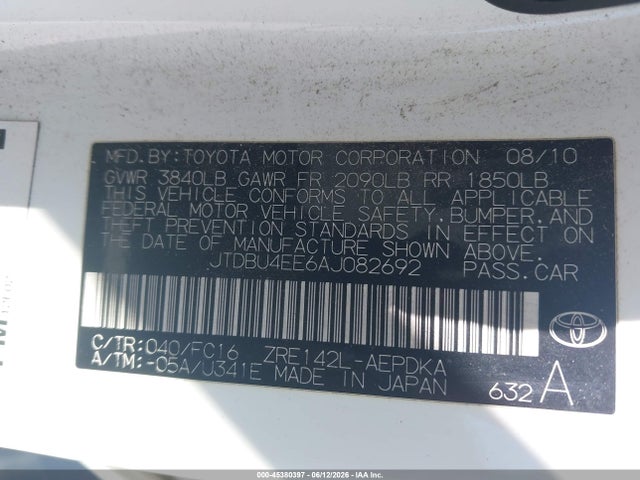 Aukcja sprzedaży 2010 Toyota Corolla Le, vin: JTDBU4EE6AJ082692, numer aukcji: 45380397