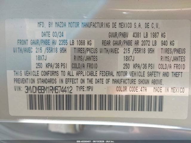 Продажа на аукционе авто 2024 Mazda Cx-30 2.5 S Select Sport, vin: 3MVDMBBM1RM674412, номер лота: 45380401