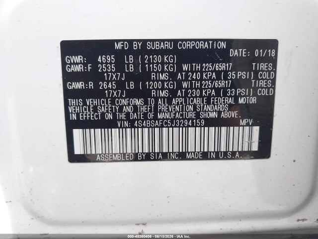 Subaru Outback 2.5i Premium 2018 4S4BSAFC5J3294159 Image 9