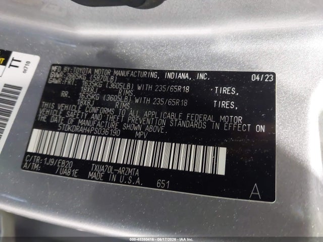 Продаж на аукціоні авто 2023 Toyota Highlander Xle, vin: 5TDKDRAH4PS036190, номер лоту: 45380416