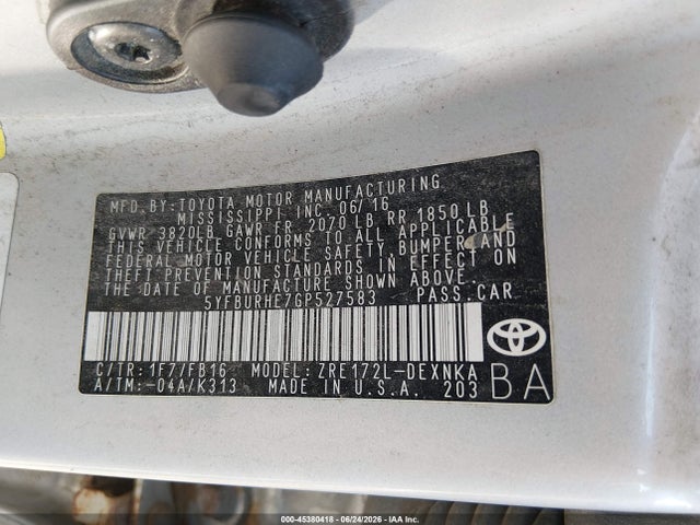 Aukcja sprzedaży 2016 Toyota Corolla Le, vin: 5YFBURHE7GP527583, numer aukcji: 45380418