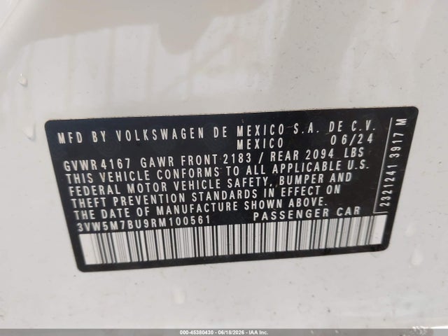 Aukcja sprzedaży 2024 Volkswagen Jetta 1.5t S, vin: 3VW5M7BU9RM100561, numer aukcji: 45380430
