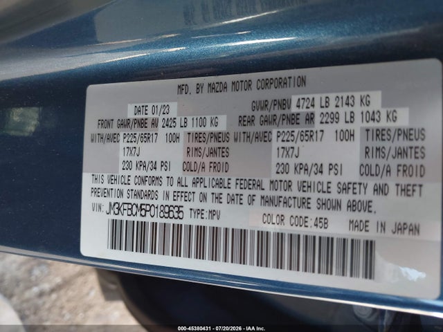 Aukcja sprzedaży 2023 Mazda Cx-5 2.5 S Preferred, vin: JM3KFBCM5P0189635, numer aukcji: 45380431