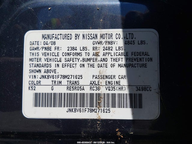Aukcja sprzedaży 2008 Infiniti G35x, vin: JNKBV61F78M271625, numer aukcji: 45380432