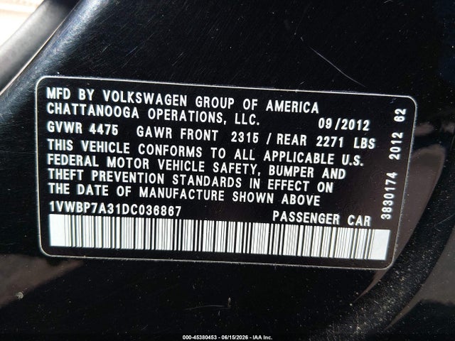 Aukcja sprzedaży 2013 Volkswagen Passat 2.5l Se, vin: 1VWBP7A31DC036867, numer aukcji: 45380453