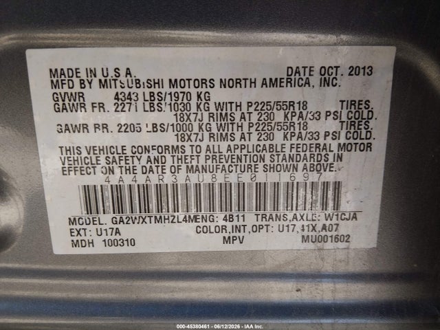 Aukcja sprzedaży 2014 Mitsubishi Outlander Sport Es, vin: 4A4AR3AU8EE011697, numer aukcji: 45380461