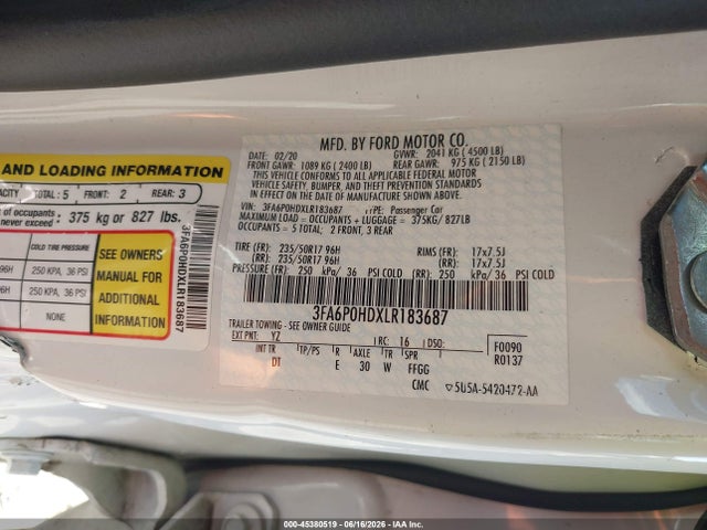 Продаж на аукціоні авто 2020 Ford Fusion Se, vin: 3FA6P0HDXLR183687, номер лоту: 45380519