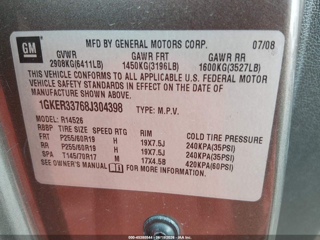 45380544 :رقم المزاد ، 1GKER33768J304398 vin ، 2008 Gmc Acadia Slt-2 مزاد بيع