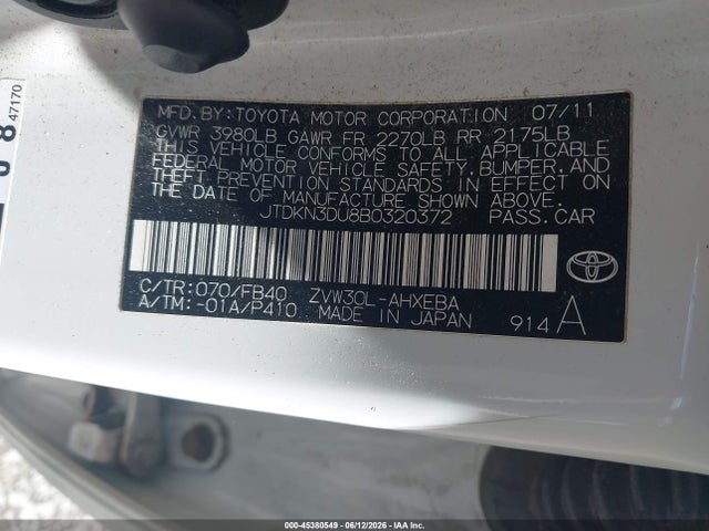 45380549 :رقم المزاد ، JTDKN3DU8B0320372 vin ، 2011 Toyota Prius Three مزاد بيع