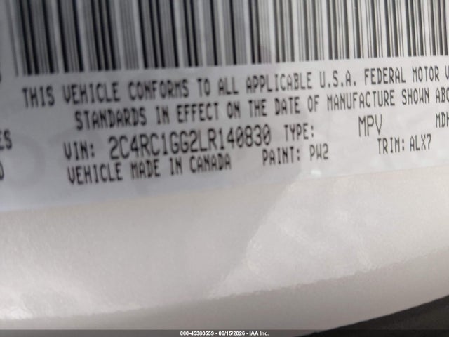 45380559 :رقم المزاد ، 2C4RC1GG2LR140830 vin ، 2020 Chrysler Pacifica Limited مزاد بيع