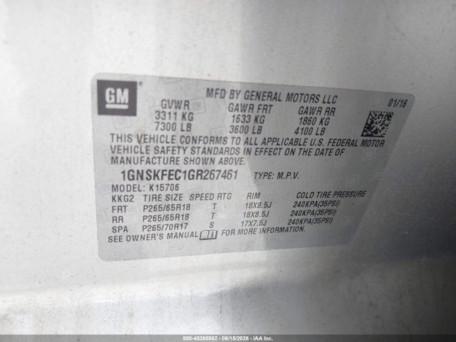 45380562 :رقم المزاد ، 1GNSKFEC1GR267461 vin ، 2016 Chevrolet Tahoe Commercial Fleet مزاد بيع