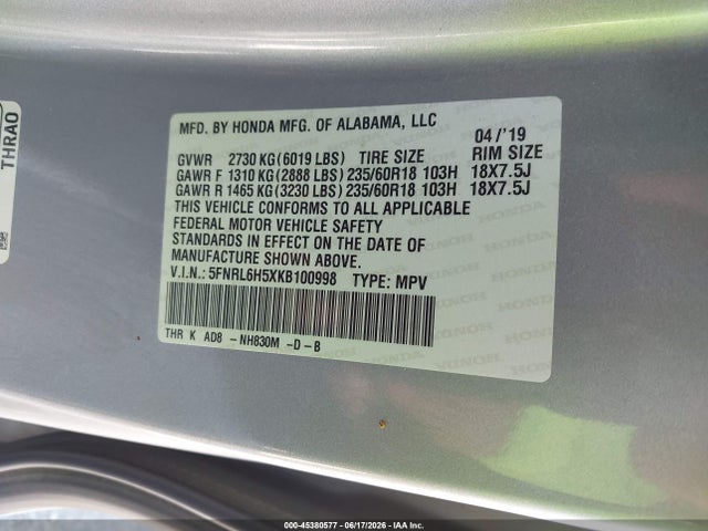 Honda ODYSSEY EX 2019 5FNRL6H5XKB100998 Image 9