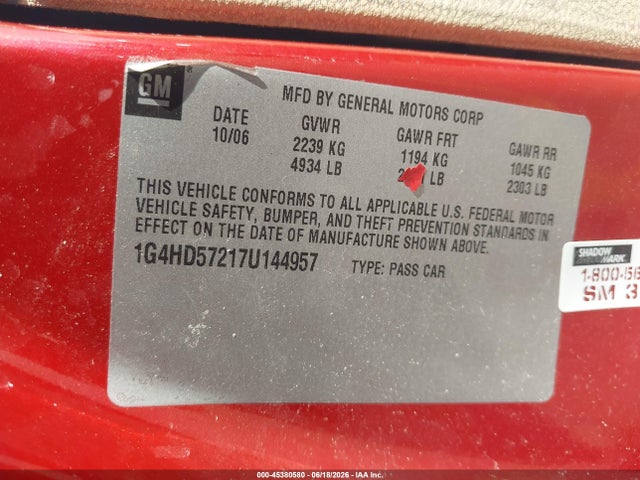 Продаж на аукціоні авто 2007 Buick Lucerne Cxl, vin: 1G4HD57217U144957, номер лоту: 45380580