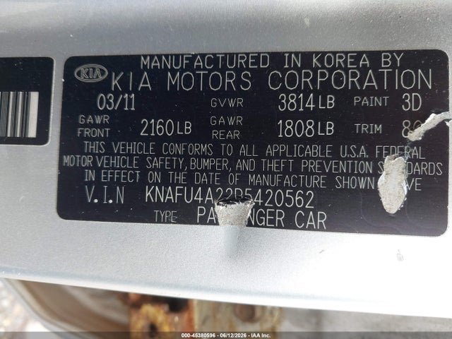 Aukcja sprzedaży 2011 Kia Forte Ex, vin: KNAFU4A22B5420562, numer aukcji: 45380596
