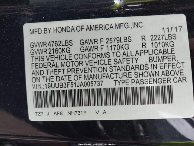 45380642 :رقم المزاد ، 19UUB3F51JA005737 vin ، 2018 Acura Tlx Tech Pkg مزاد بيع