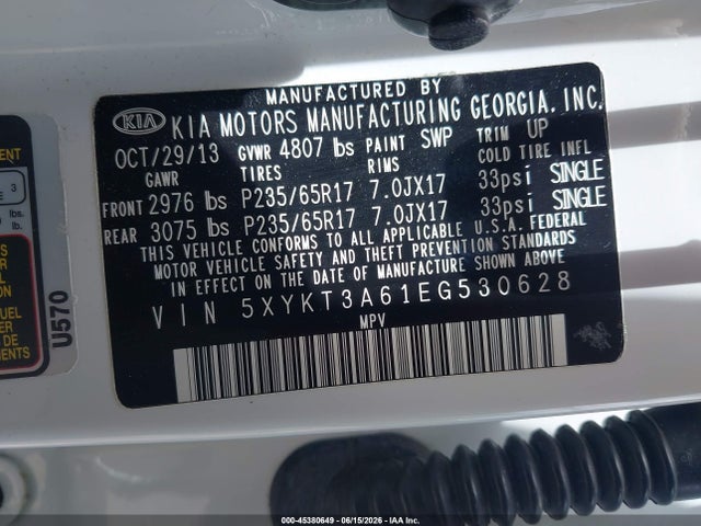 Продаж на аукціоні авто 2014 Kia Sorento Lx, vin: 5XYKT3A61EG530628, номер лоту: 45380649