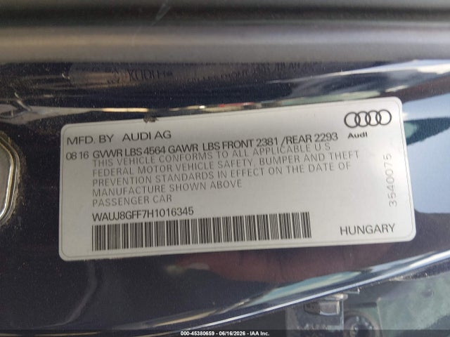 Aukcja sprzedaży 2017 Audi A3 Premium Plus, vin: WAUJ8GFF7H1016345, numer aukcji: 45380659