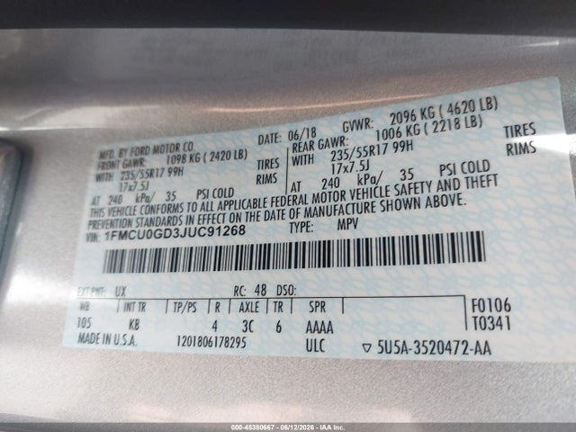 Aukcja sprzedaży 2018 Ford Escape Se, vin: 1FMCU0GD3JUC91268, numer aukcji: 45380667