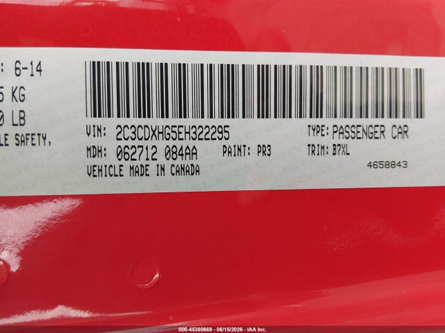 45380669 :رقم المزاد ، 2C3CDXHG5EH322295 vin ، 2014 Dodge Charger Sxt مزاد بيع