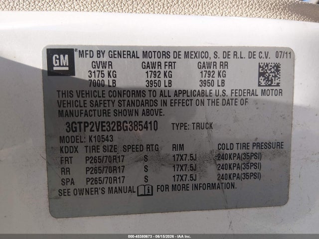 2011 Gmc Sierra 1500 Sle მანქანა იყიდება აუქციონზე, vin: 3GTP2VE32BG385410, აუქციონის ნომერი: 45380673
