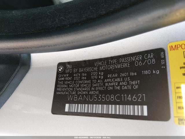 2008 Bmw 528i მანქანა იყიდება აუქციონზე, vin: WBANU53508C114621, აუქციონის ნომერი: 45380680