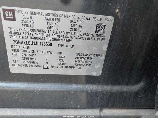 45380687 :رقم المزاد ، 3GNAXLEU1JL173650 vin ، 2018 Chevrolet Equinox Lt مزاد بيع