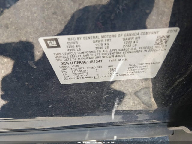 Продаж на аукціоні авто 2016 Chevrolet Equinox Lt, vin: 2GNALCEK4G1151341, номер лоту: 45380692
