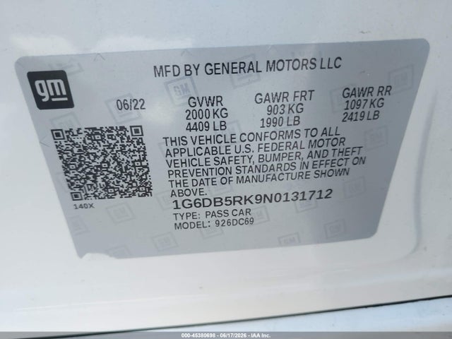 45380698 :رقم المزاد ، 1G6DB5RK9N0131712 vin ، 2022 Cadillac Ct4 Premium Luxury مزاد بيع