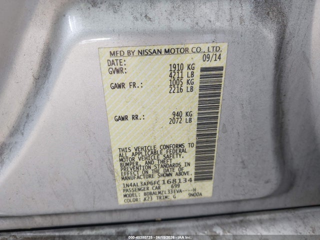 45380725 :رقم المزاد ، 1N4AL3AP6FC168134 vin ، 2015 Nissan Altima 2.5 Sv مزاد بيع
