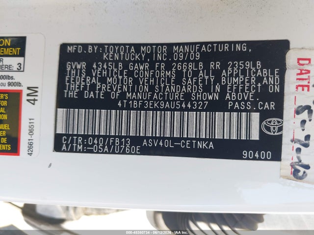 2010 Toyota Camry Le მანქანა იყიდება აუქციონზე, vin: 4T1BF3EK9AU544327, აუქციონის ნომერი: 45380734