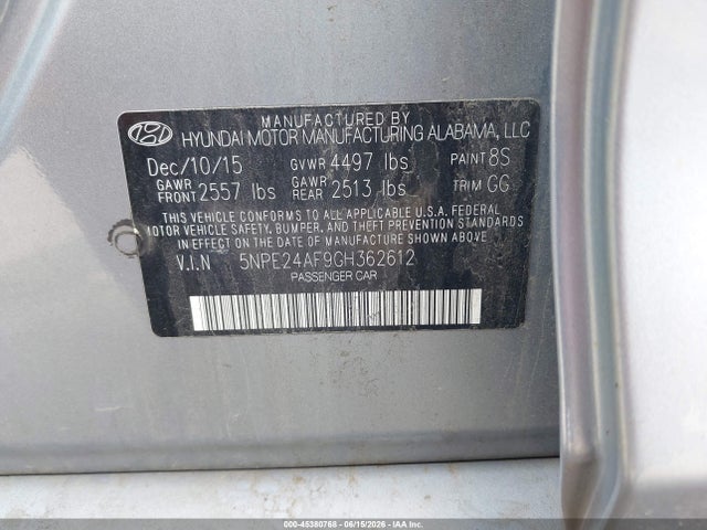 Aukcja sprzedaży 2016 Hyundai Sonata Se, vin: 5NPE24AF9GH362612, numer aukcji: 45380768