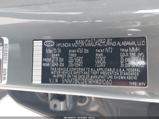 45380770 :رقم المزاد ، 5NMJBCDE1RH401060 vin ، 2024 Hyundai Tucson Sel مزاد بيع