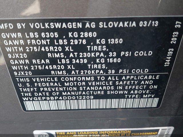 2013 Volkswagen Touareg Tdi Executive მანქანა იყიდება აუქციონზე, vin: WVGEP9BP4DD012209, აუქციონის ნომერი: 45380774
