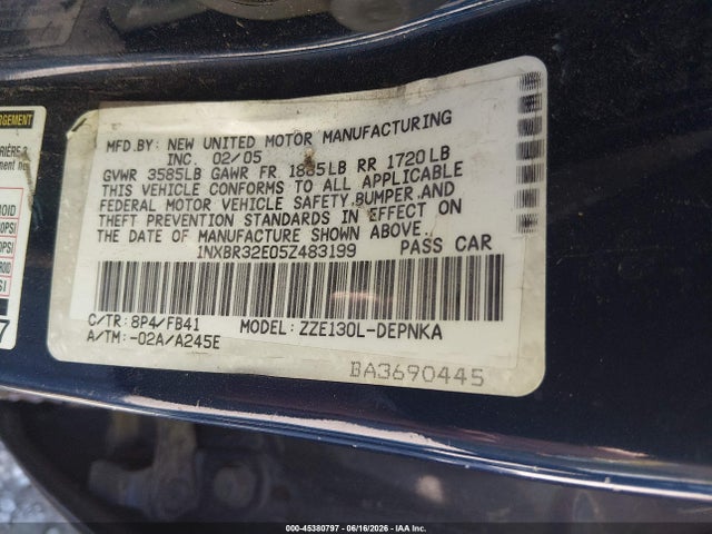 45380797 :رقم المزاد ، 1NXBR32E05Z483199 vin ، 2005 Toyota Corolla Le مزاد بيع