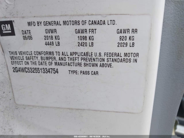 Aukcja sprzedaży 2005 Buick Lacrosse Cx, vin: 2G4WC532551334754, numer aukcji: 45380801