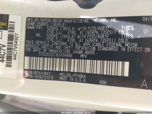 2006 Toyota Sienna Xle Limited მანქანა იყიდება აუქციონზე, vin: 5TDZA22C16S494866, აუქციონის ნომერი: 45380813