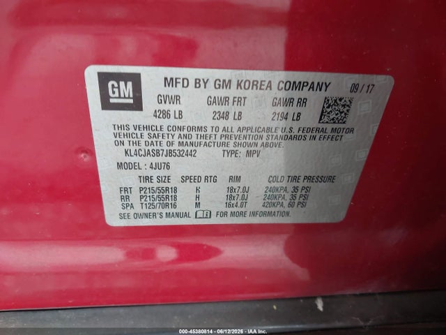 Aukcja sprzedaży 2018 Buick Encore Preferred, vin: KL4CJASB7JB532442, numer aukcji: 45380814