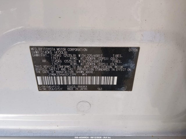 Aukcja sprzedaży 2006 Toyota Rav4 Base V6, vin: JTMBK33V665012399, numer aukcji: 45380824