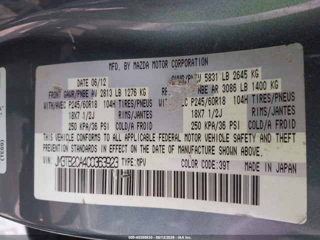 Aukcja sprzedaży 2012 Mazda Cx-9 Touring, vin: JM3TB2CA4C0363923, numer aukcji: 45380830