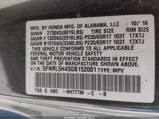 Honda ODYSSEY EX 2016 5FNRL5H45GB152001 Image 9