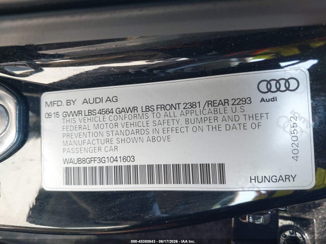 2016 Audi A3 2.0t Premium მანქანა იყიდება აუქციონზე, vin: WAUB8GFF3G1041603, აუქციონის ნომერი: 45380843