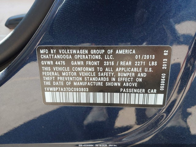 Продаж на аукціоні авто 2013 Volkswagen Passat 2.5l Se, vin: 1VWBP7A37DC093803, номер лоту: 45380864