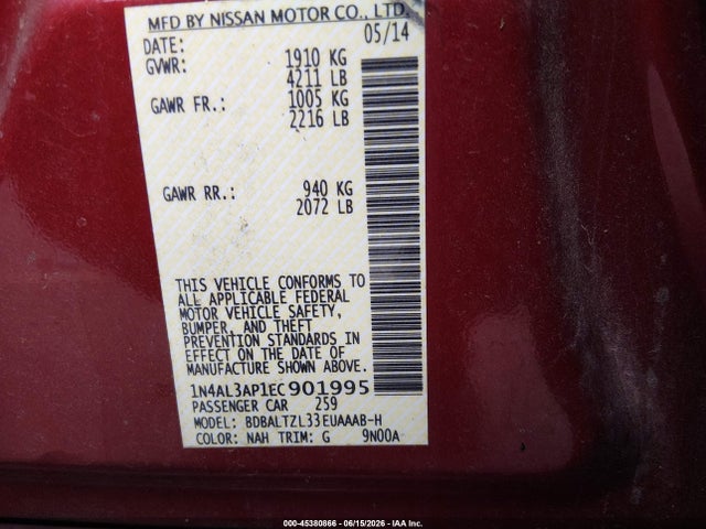 45380866 :رقم المزاد ، 1N4AL3AP1EC901995 vin ، 2014 Nissan Altima 2.5 Sv مزاد بيع